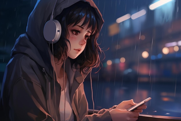 Cartoon lofi young manga style girl studying