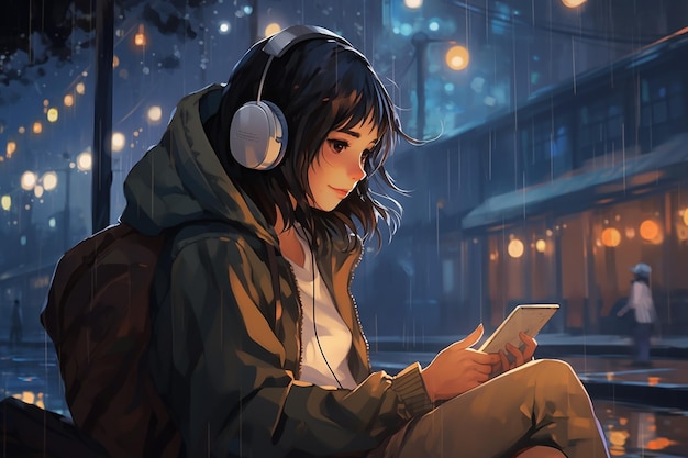 Cartoon lofi young manga style girl studying