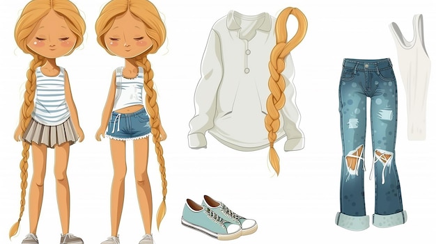 Photo cartoon long hair braided girl and clothes