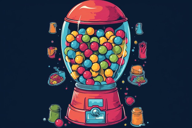 A cartoon of a machine with a lot of balls inside.