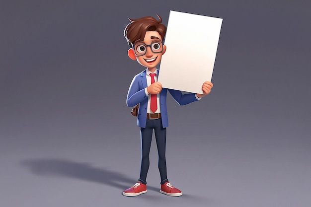 Photo cartoon male holding empty card board 3d illustration