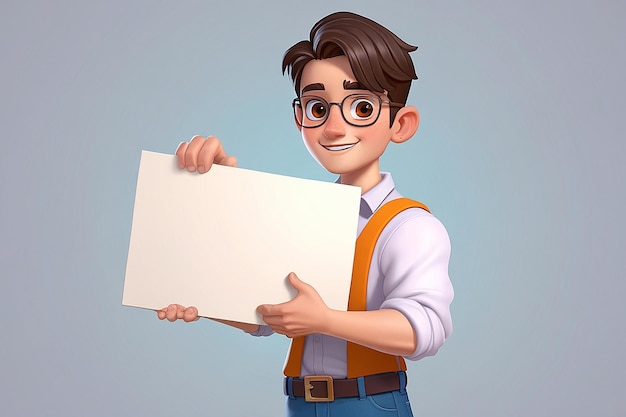 Cartoon Male Holding Empty Card Board 3D Illustration