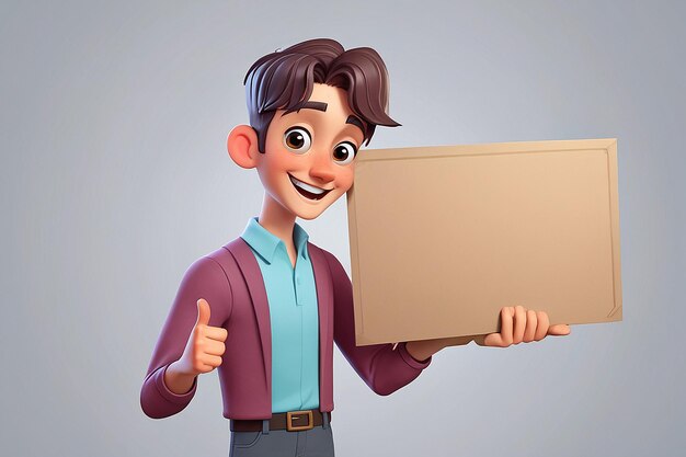 Photo cartoon male holding empty card board 3d illustration