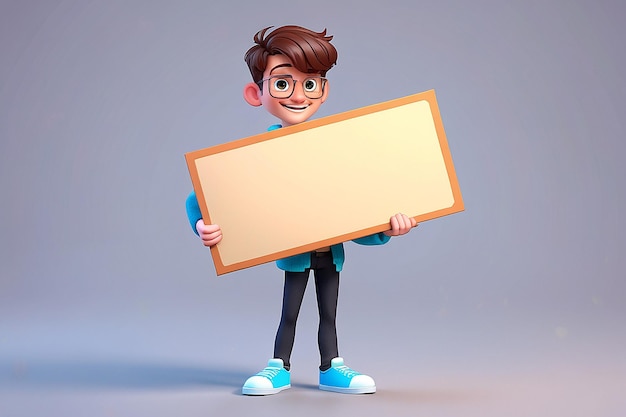 Photo cartoon male holding empty card board 3d illustration