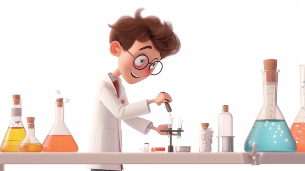 a cartoon of a male scientist with glasses and a lab coat