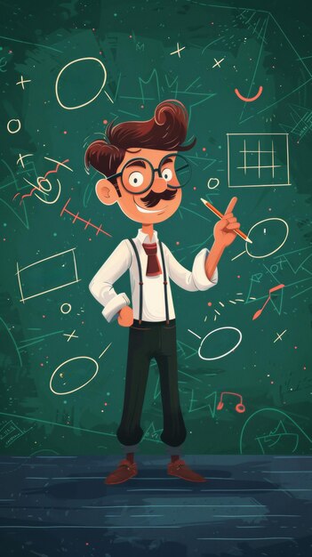 A cartoon male teacher is standing in front of a chalkboard Generative AI