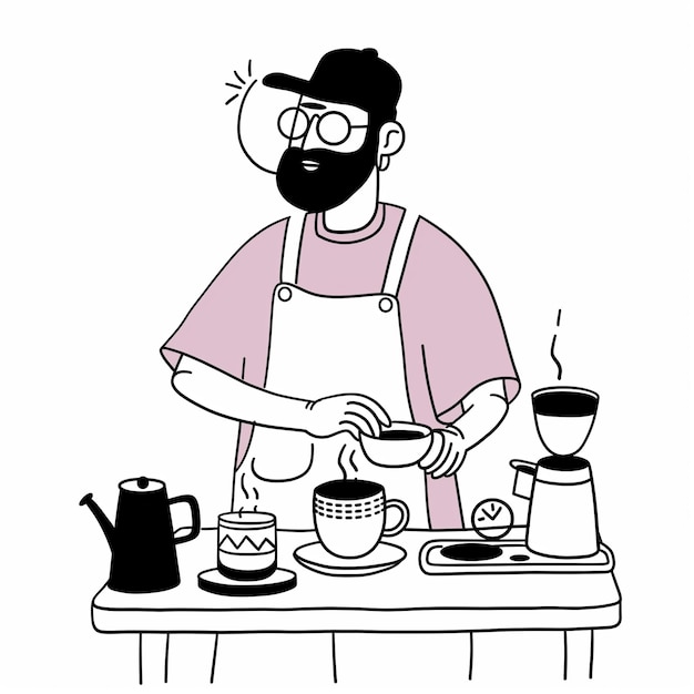 Photo cartoon of a man in an apron making a cup of coffee generative ai