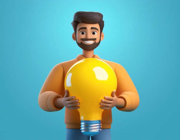 Photo a cartoon man beams as he holds a giant lightbulb 3d illustration