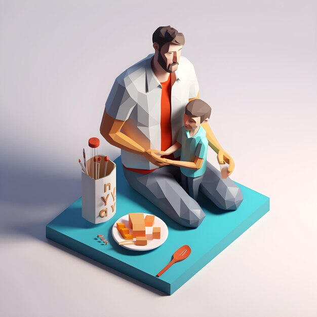 A cartoon of a man and a child with a box of food on it.