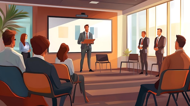 Photo a cartoon of a man giving a presentation in a classroom