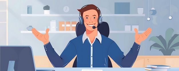 Photo a cartoon of a man in a headset with a microphone in front of him