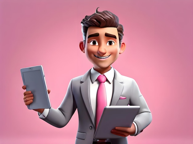 Photo a cartoon of a man holding a tablet and a tablet with a pink tie