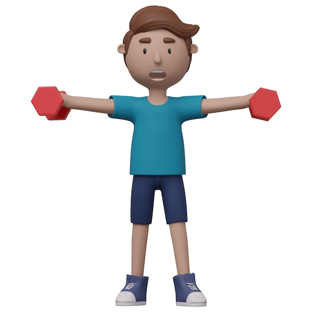 Photo a cartoon man is lifting weights with red dumbbells 3d render with clipping path