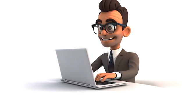 a cartoon man is sitting at a laptop with a face on it