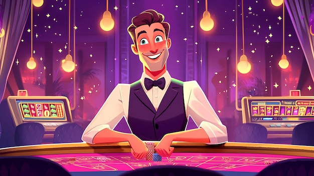 Photo a cartoon of a man playing poker in front of a casino