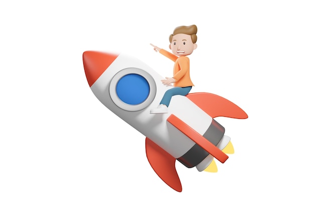 cartoon man pointing finger sitting on a rocket soaring white background 3d rendering.