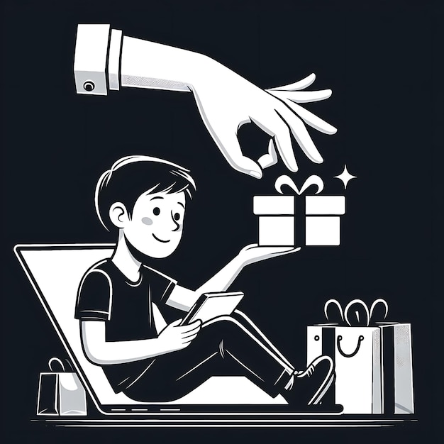 a cartoon of a man reading a book with a hand holding a box of presents