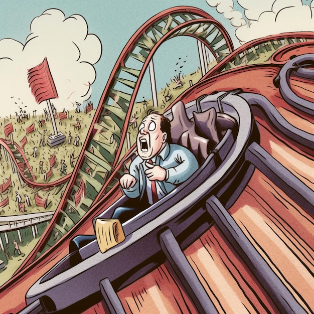 A cartoon of a man in a roller coaster with a sign that says'the city of dreams '