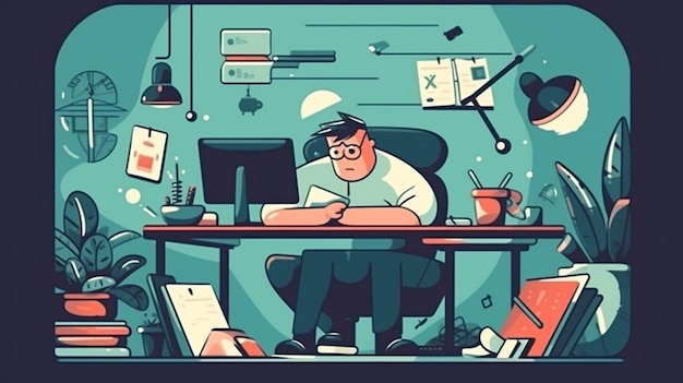 A cartoon of a man sitting at a desk with a computer and a lot of stuff on the wall.