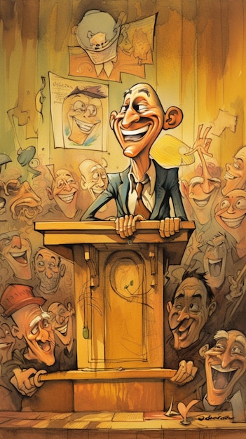 A cartoon of a man speaking into a podium with a crowd behind him.