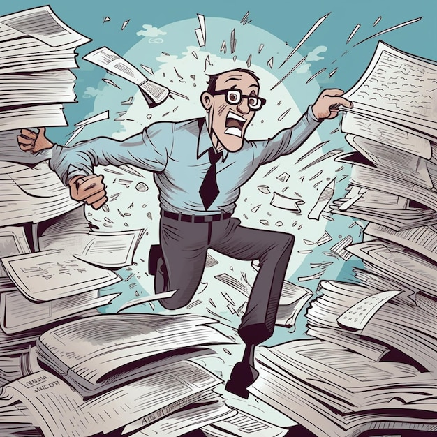 A cartoon of a man in a suit and tie with a stack of papers in the background.