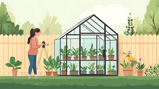 Photo a cartoon of a man taking a picture of a house with plants and plants