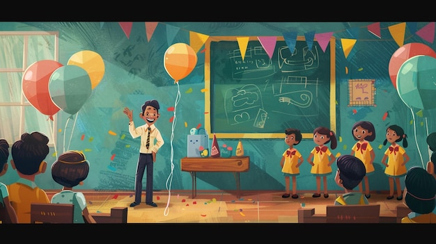 Photo a cartoon of a man and two children on stage with balloons and a drawing of a man with a balloon