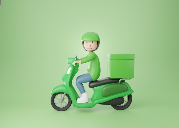 cartoon man wearing green shirt concept food delivery take a motorcycle  delivery 3d rendering.