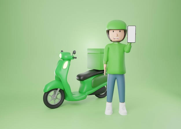 cartoon man wearing green shirt concept food delivery take a motorcycle  delivery 3d rendering.