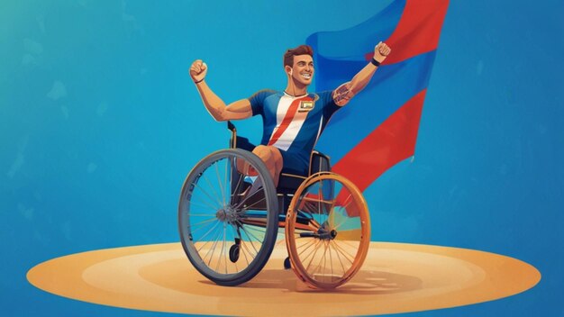 Photo a cartoon of a man in a wheelchair with a flag in the background