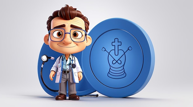 Photo a cartoon man with a blue folder next to a blue circle with a cross on it