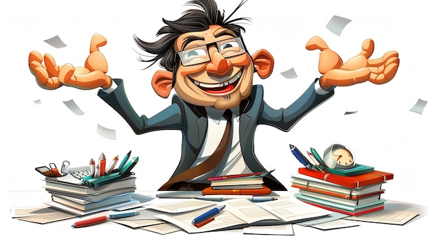 Photo a cartoon of a man with glasses and a pile of pens