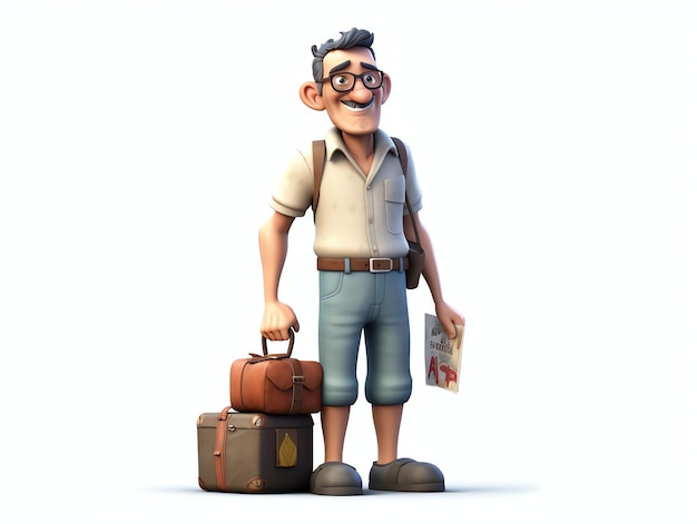 A cartoon man with glasses and a suitcase is standing with his hand on his hip