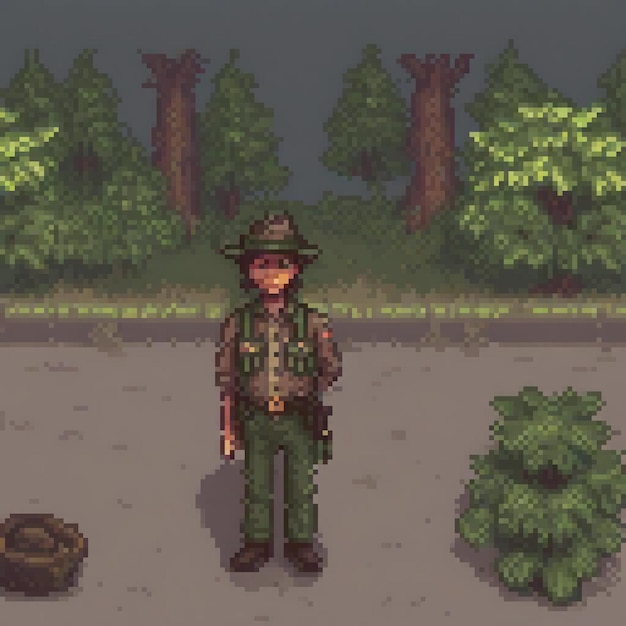 a cartoon of a man with a gun and a forest in the background