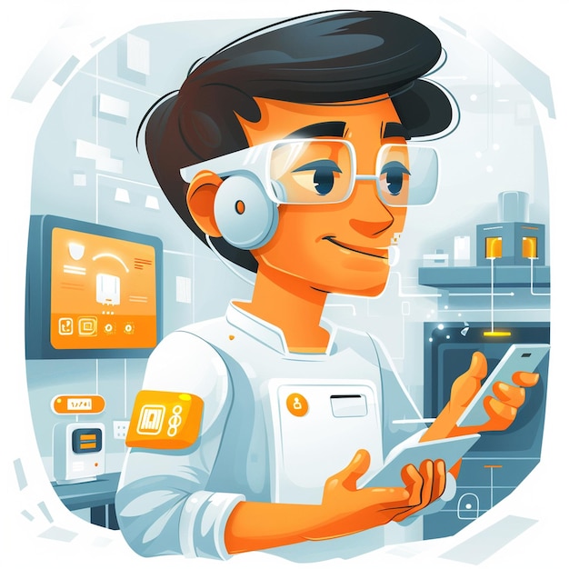 a cartoon of a man with headphones and a computer monitor