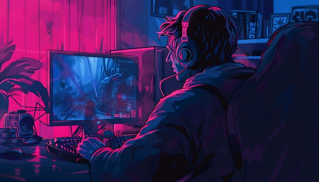 a cartoon of a man with headphones on and a screen that says  the game is on the screen