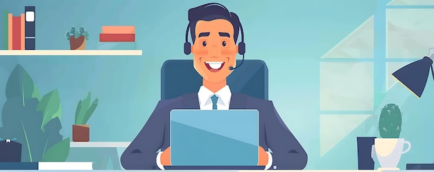 a cartoon of a man with a headset and a laptop