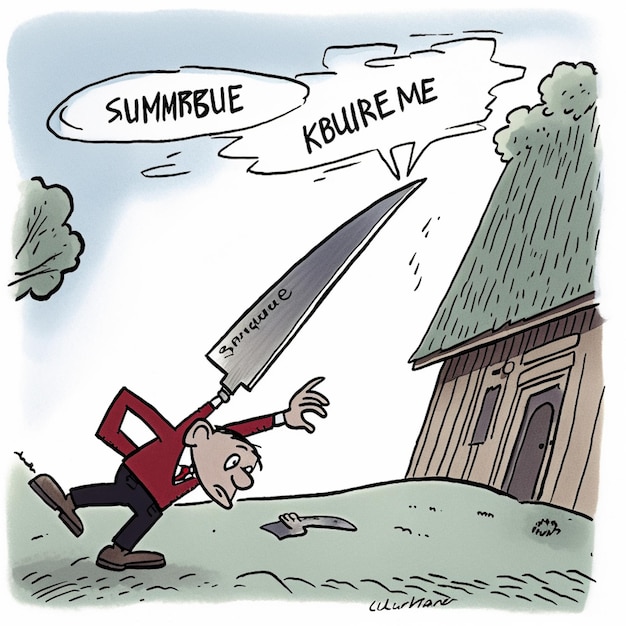 A cartoon of a man with a knife on his head saying summue.