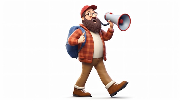 Cartoon man with a megaphone and backpack on a white