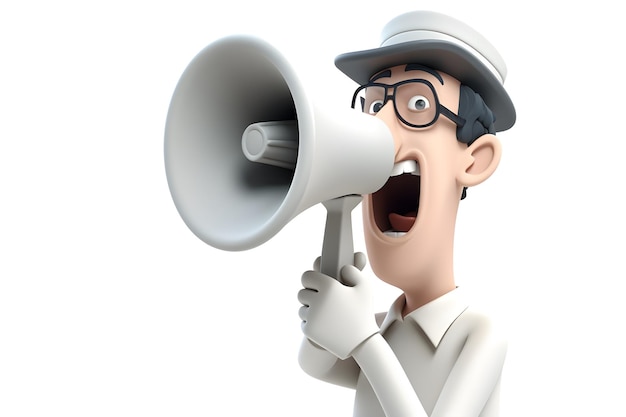 A cartoon man with a megaphone and glasses is shouting into a megaphone