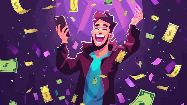 Photo a cartoon of a man with money falling from his face