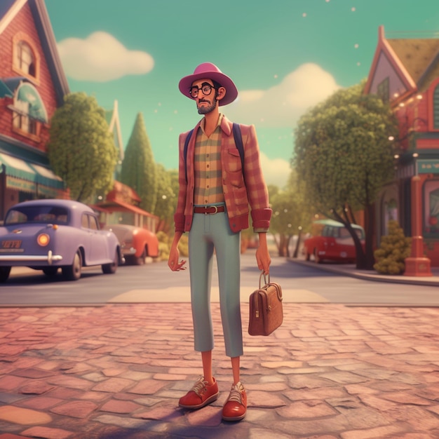 Cartoon man with a mustache and a hat standing on a street generative ai