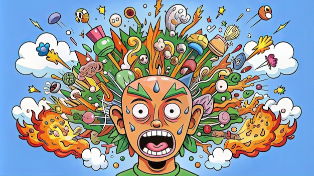 Photo cartoon man with overwhelmed mind stress anxiety mental health illustration