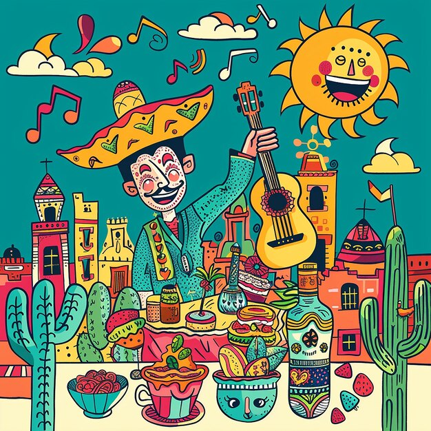 Photo a cartoon of a man with a sun hat and a guitar