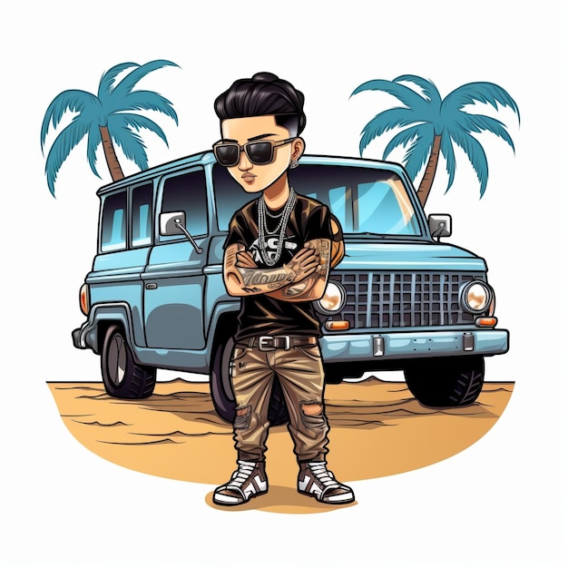 Cartoon Man With Sunglasses And Blue Pickup Truck Exotic Realis