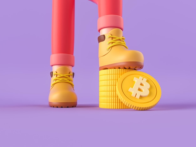 Photo cartoon man with yellow boots steps on gold bitcoin  3d render illustration