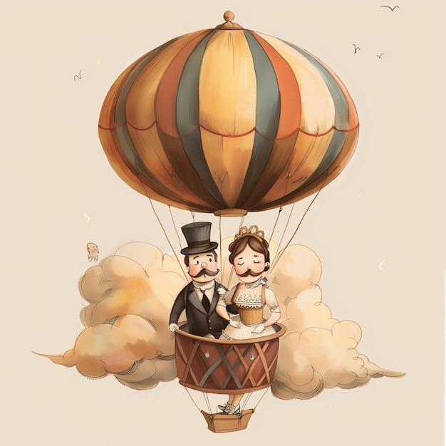 A cartoon of a man and a woman flying a hot air balloon