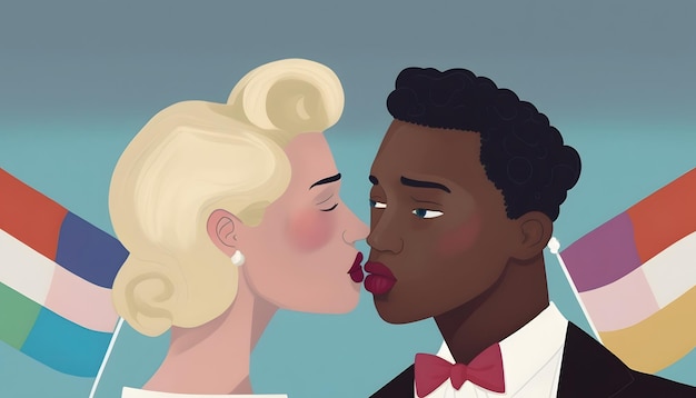 A cartoon of a man and woman kissing.