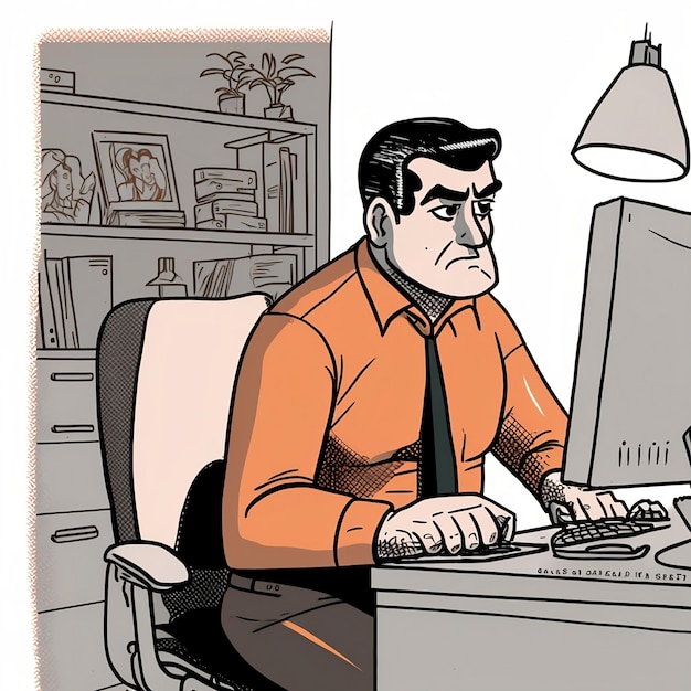 a cartoon of a man working at a computer with a computer in the background