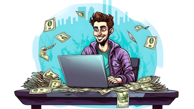 cartoon man working on laptop making money online